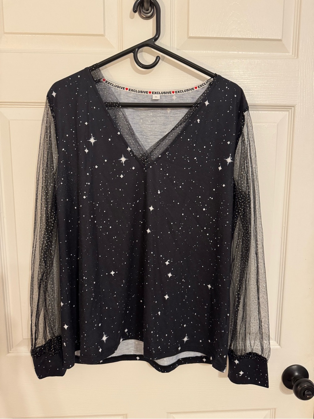 Black Star-Print V-Neck Top with Sheer Sparkle Sleeves